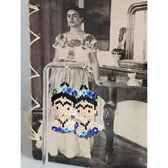 Frida Kahlo Face Handmade Earring Beads Huichol Mexican Icon FREE SHIPPING - Picture 2 of 5